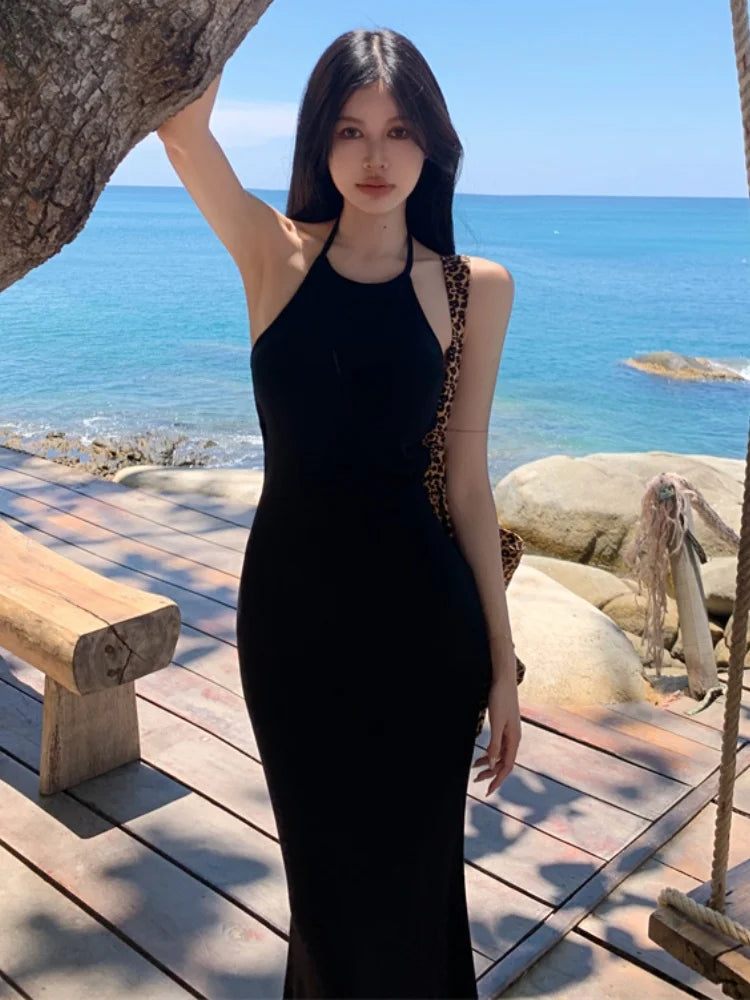 New Slim Sleeveless Midi Dresses Halterneck Backless Birthday Party Bodycon Dress