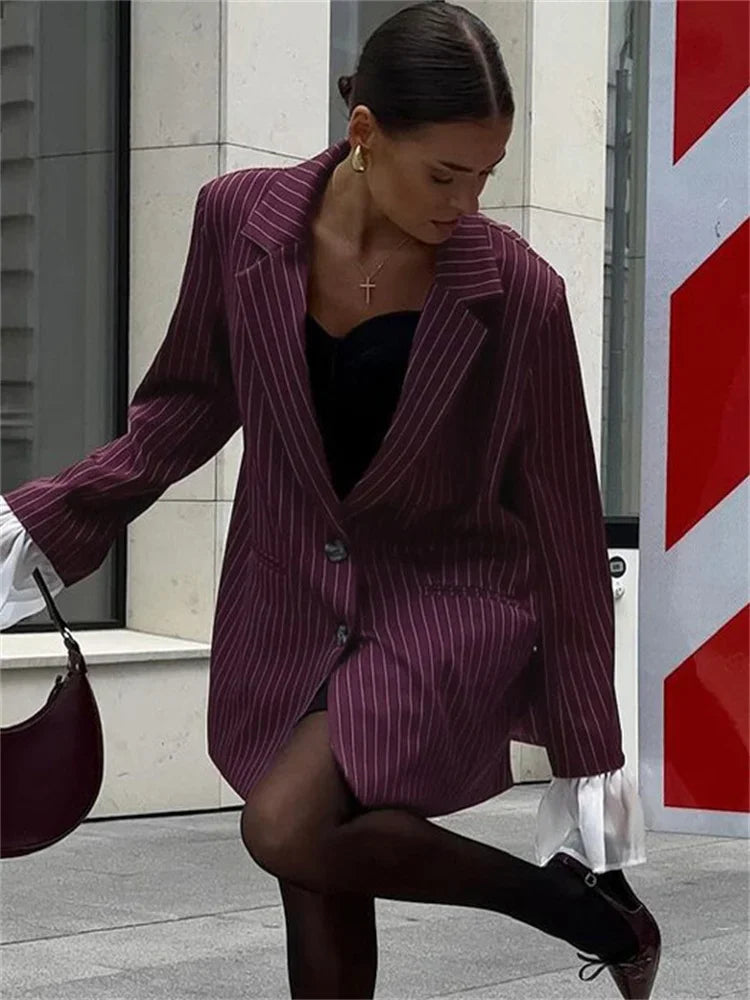 Lace Striped Suit Outwear for Patchwork Long Sleeve Lapel Commute Pocket Coat Ruffled Female Loose Blazer