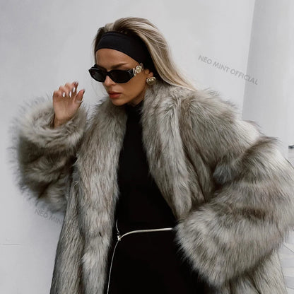 Mob Wife Aesthetic Long Faux Fur Coat Winter Fluffy Gradient Fox Fur Jacket Female Furry Overcoat