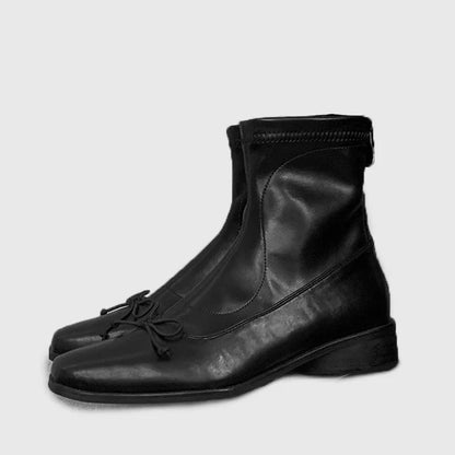 Brown Bow Back Zipper Ankle Boots Point Flat Head Square Heel Autumn Winter Shoes Sewing Thread Boot for Woman