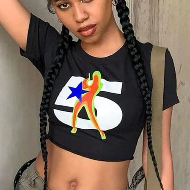 Y2k Summer Digital Printed ’s Top Street Trend Slim Fit Open Navel T-shirt for