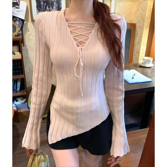 High Street Color Irregular Long Sleeve Sweater Spring New Vneck Laceup Slim Thread Knitted Tops