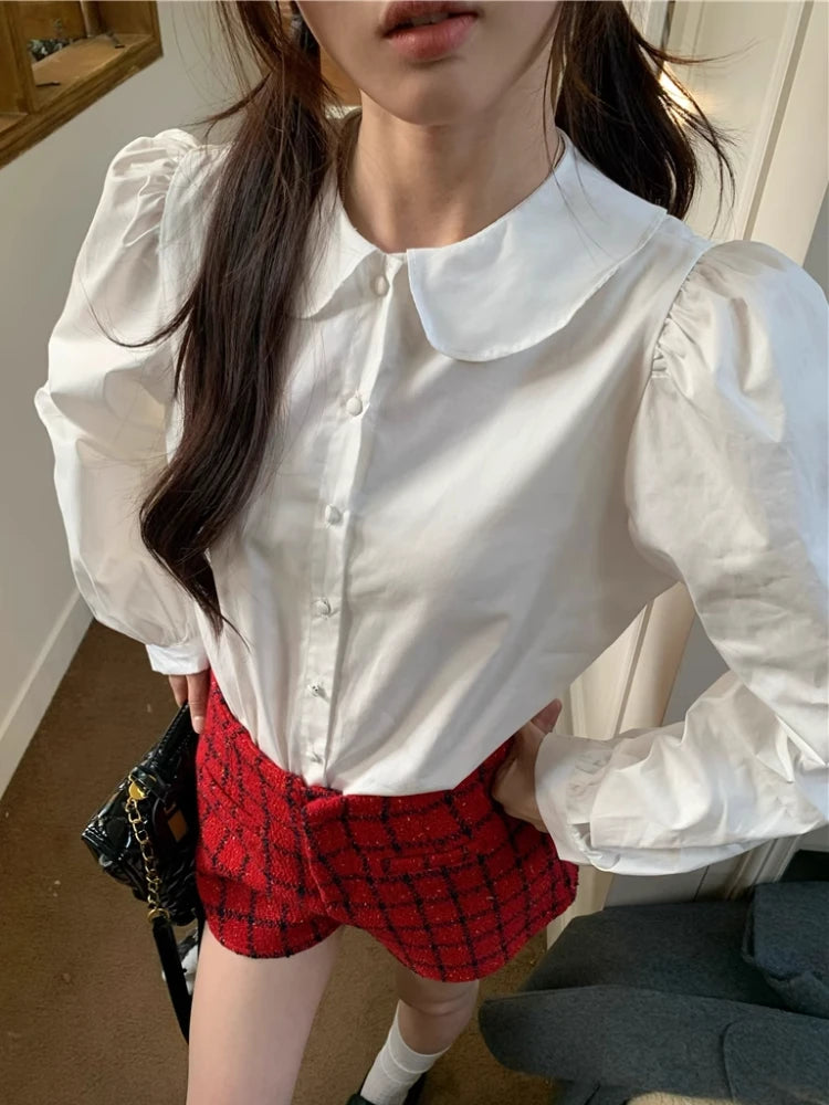 Blue Plaid Shirt Kawaii Peter Pan Collar Blouse Female Preppy Style Puff Sleeve Top With Teen Girl Spring Clothes
