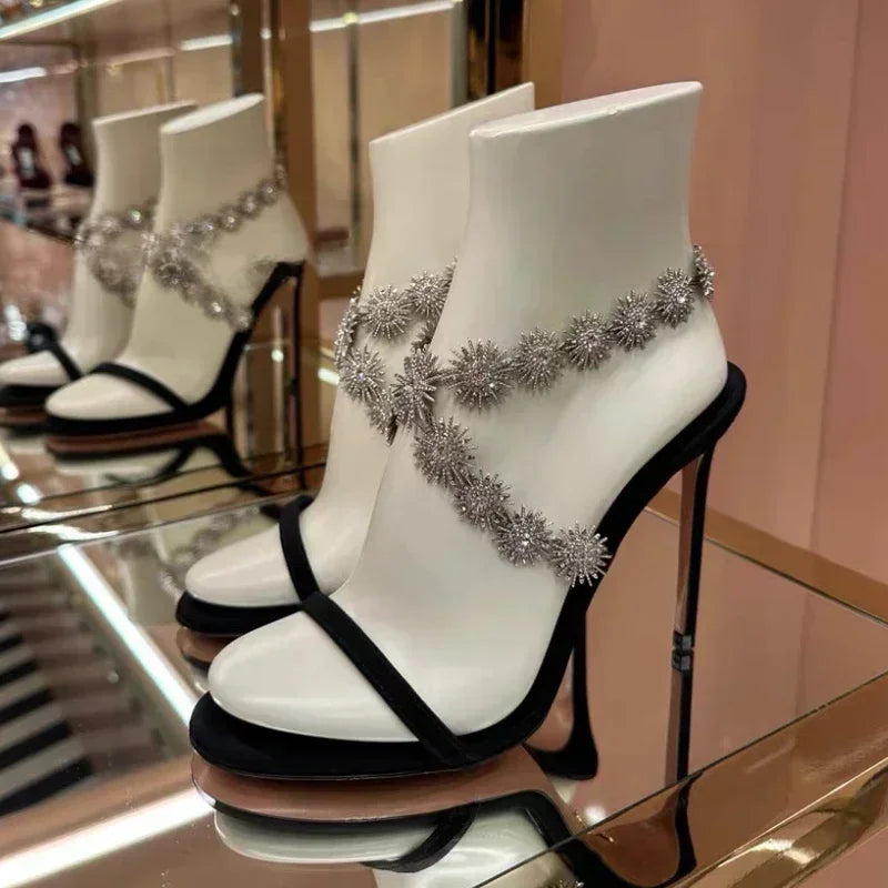 Rhinestone Thin High Heels Crosstied Glittering Designer Heeled Sandals Evening Party Shoes for
