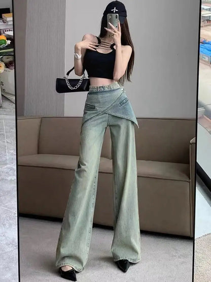 Light Blue Jeans Irregular Belt Cowboy Denim Straight Wide Leg Pants Female 90s Do Old Aesthetics Trousers