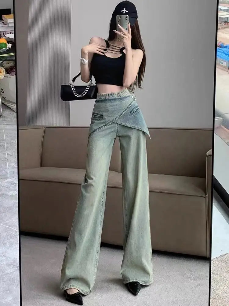 Light Blue Jeans Irregular Belt Cowboy Denim Straight Wide Leg Pants Female 90s Do Old Aesthetics Trousers