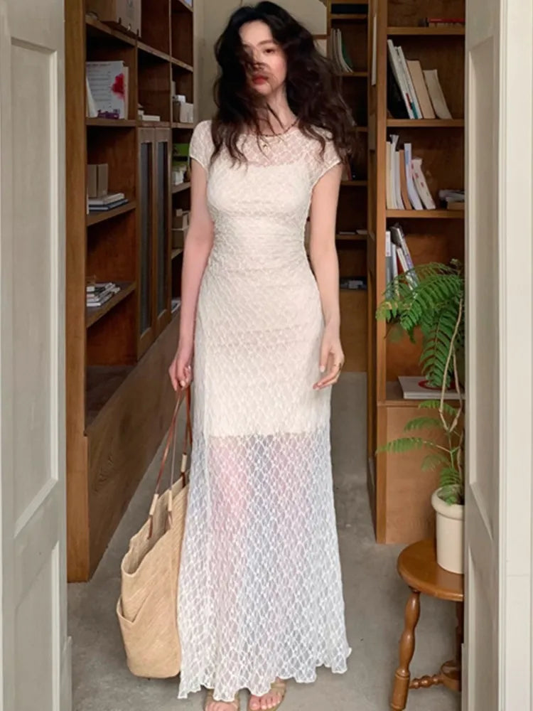 Mesh Two Piece Dress Set Slim Midi Dresses for Frence Retro Lace Y2k Bodycon Birthday Party Dress Prom Vestidos