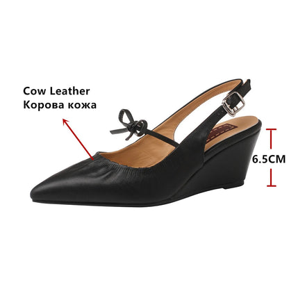 Genuine Leather Slingbacks Pumps Pointed Toe Silver Black Wedges Heels Shoes Woman Summer Pumps