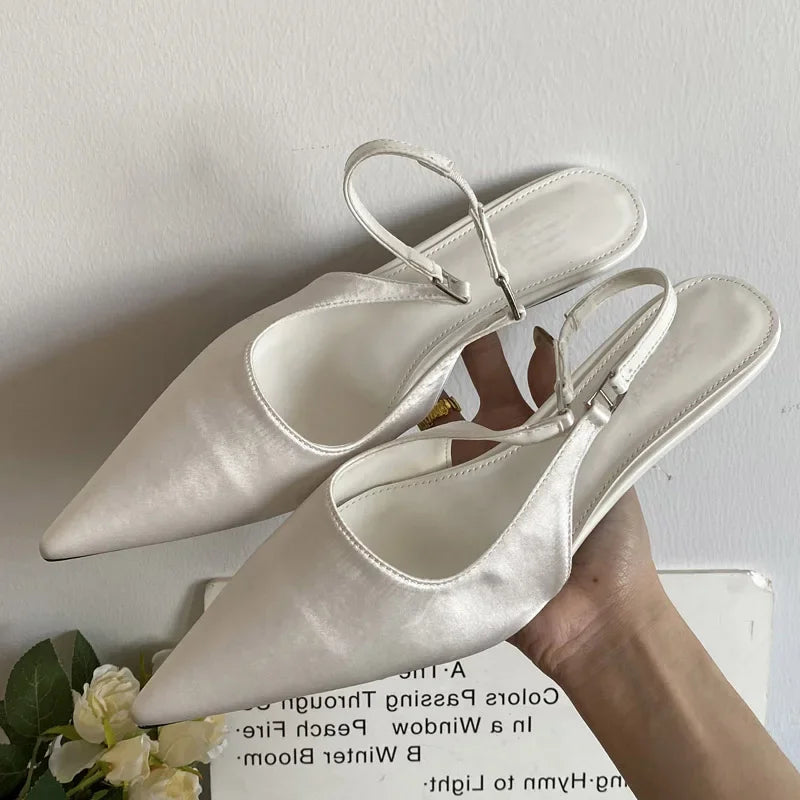 Satin Pointed Toe Mules Pumps Sandals Spring Shallow Thin Low Heels Female Shoes