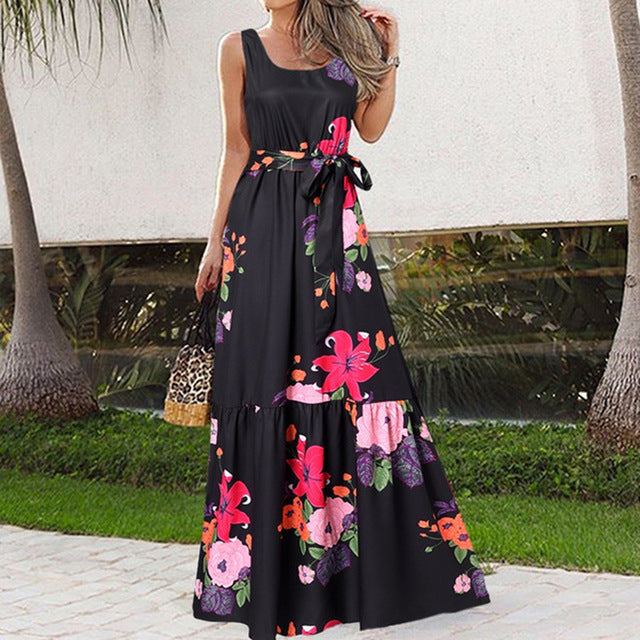 Summer Flower Print Sleeveless Long Dresses Vacation Style Dress O Neck High Waist Leace-up Maxi Vestidos