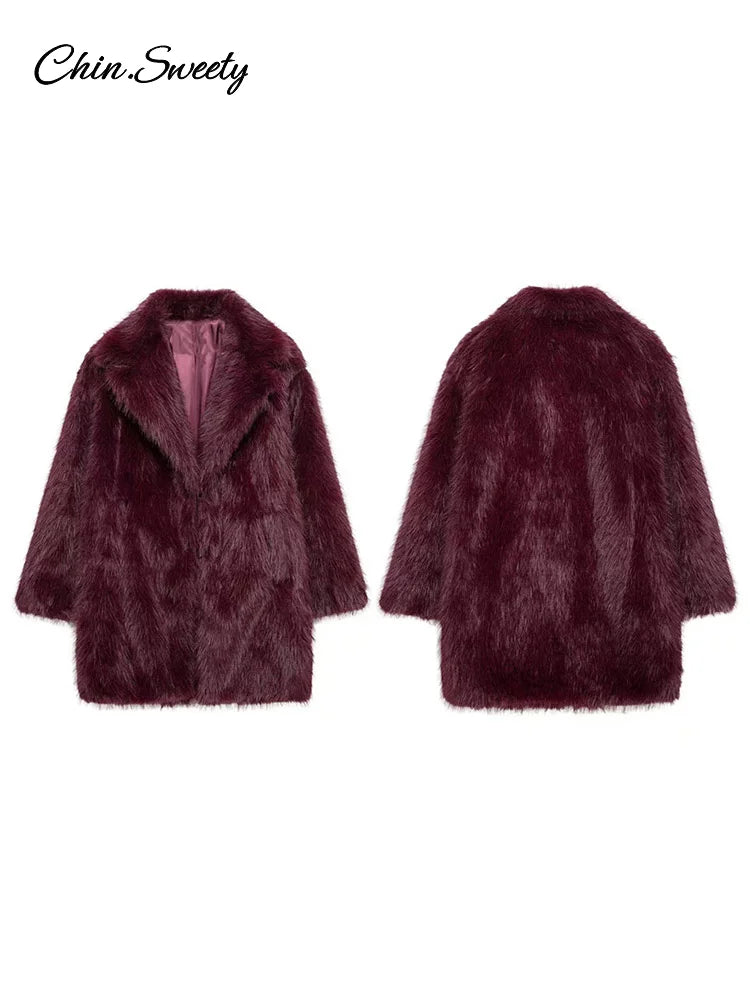 Brown Faux Fur Jacket Oversized Lapel Long Sleeve Fluffy Thicken Coats Female Winter Warm