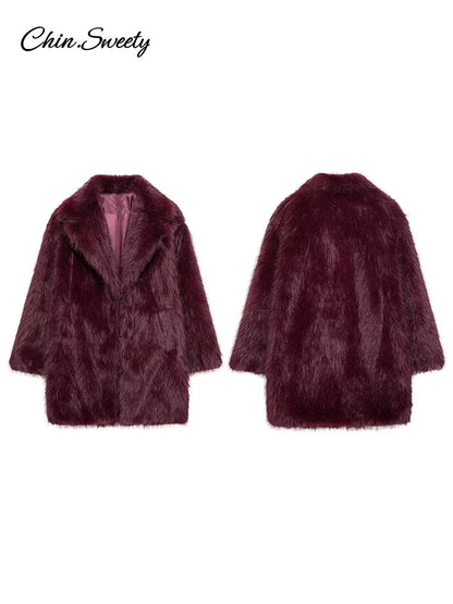 Brown Faux Fur Jacket Oversized Lapel Long Sleeve Fluffy Thicken Coats Female Winter Warm