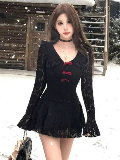 Sweet Lace Dresses Flare Long Sleeves Evening Party Mini Dress Slim Waist Vestidos Mujer Female Clothing