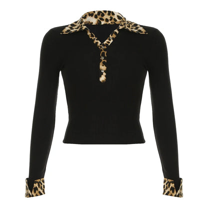 Leopard Up Turn Down Collar Button Long Sleeve Blouses S Autumn New Knitter Basic Top Tees
