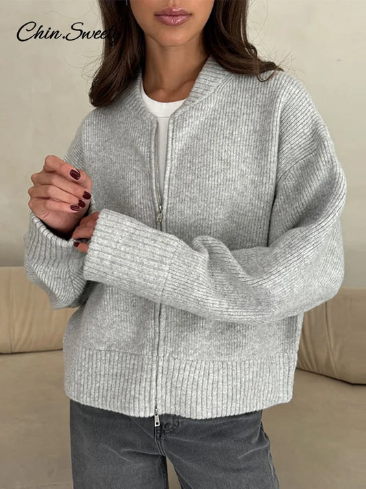 Autumn Winter Zipper O-neck Knitted Cardigans Loose Long Sleeve Sweater Top Lady All-matching Knitwear