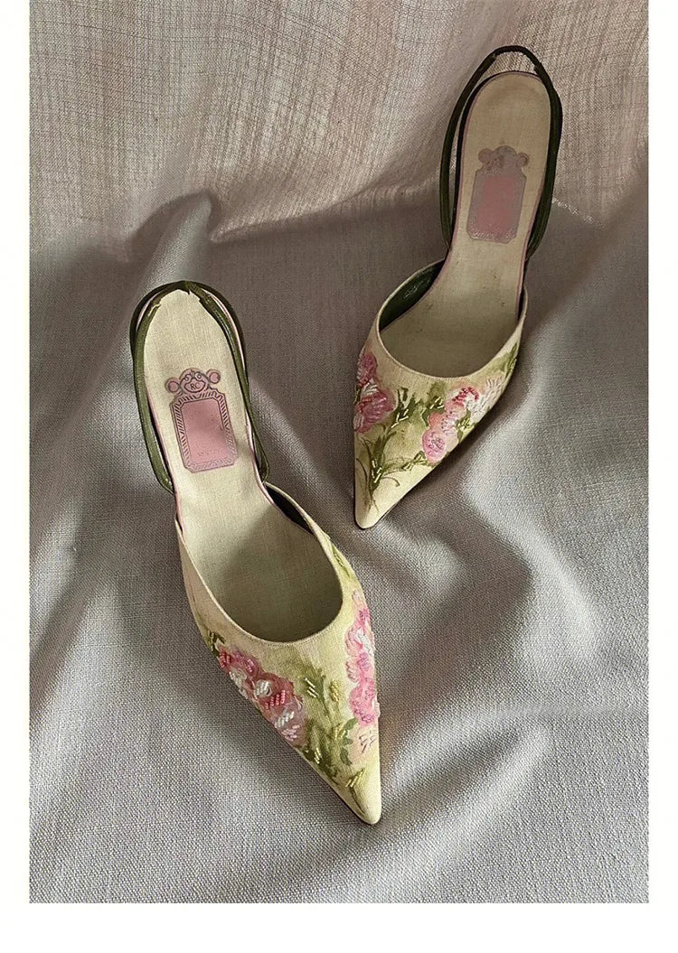 Pointed Embroidered Shoes Spring New Retro High Heels Design Pumps