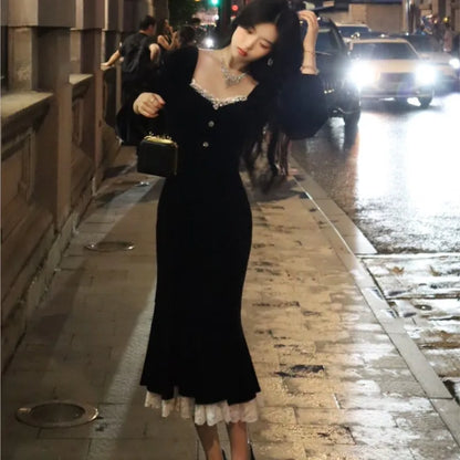 Black Velvet Midi Dresses for Square Collar Slim Bodycon Ruffles Patchwork Fishtail Autumn New Evening Party Dress