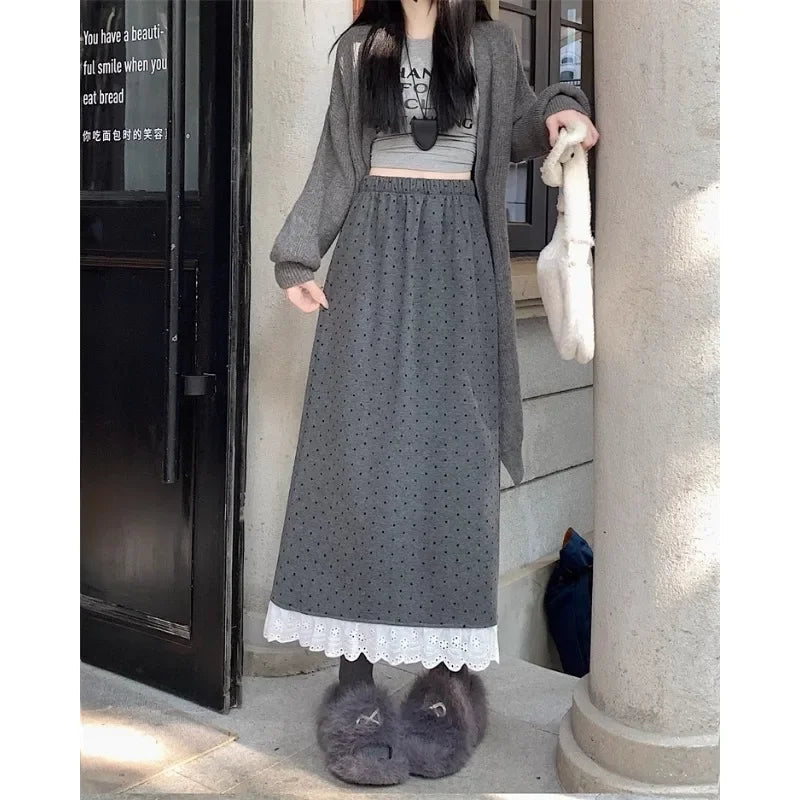 Contrast Color Lace Splicing Aline Skirt Spring New Korean High Waist Polka Dot Midlength Skirt