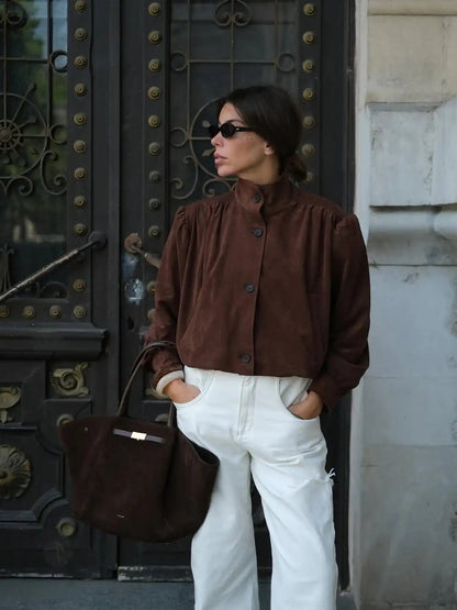 Retro Brown Suede Short Jacket Stand Collar Full Sleeves Single Breasteds Loose Coats Autumn Lady Street Wear