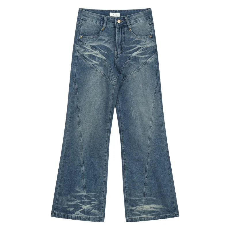 High Waist Loose All Match Jeans Autumn New Korean Splicing Washed Denim Wide Leg Pants