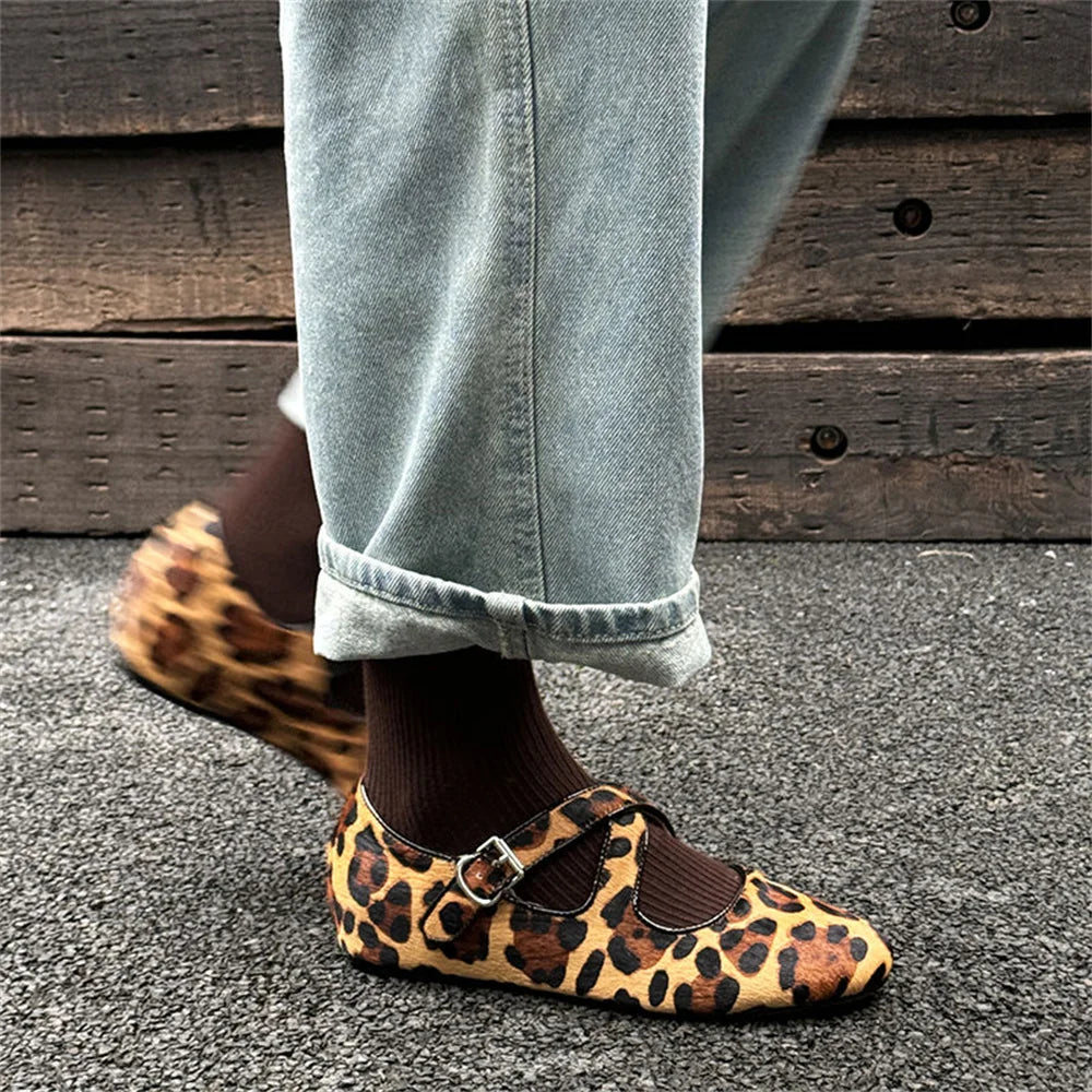Shoes Loafers for Genuine Leather Flats Sole Buckles Spring New Flats Shoes Leopard Silver