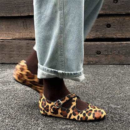 Shoes Loafers for Genuine Leather Flats Sole Buckles Spring New Flats Shoes Leopard Silver