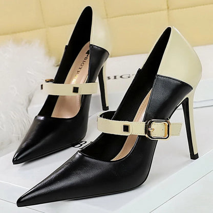 Retro Pumps Mixed Colors High Heels Stilettos Pu Leather Shoes Metal Buckle Heels Office Shoes Large Size 43