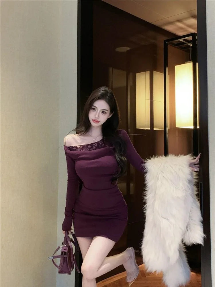 Mini Dresses Lace Patchwork Sweet Slim Long Sleeve Ruched Off Shoulder Spring Party Dress