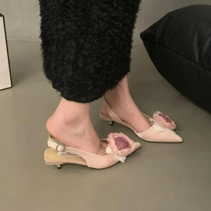 New Flower Designer Sandals Satin Mule Shoes Summer Pointed Toe Pumps Low Heel Flowers Slingback Sandals Female