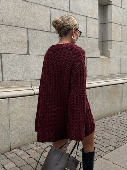 Knitted Mid Long Sweaters Loose O-neck Long Sleeve Dark Red Pullover Sweaters Female Autumn Street Tops
