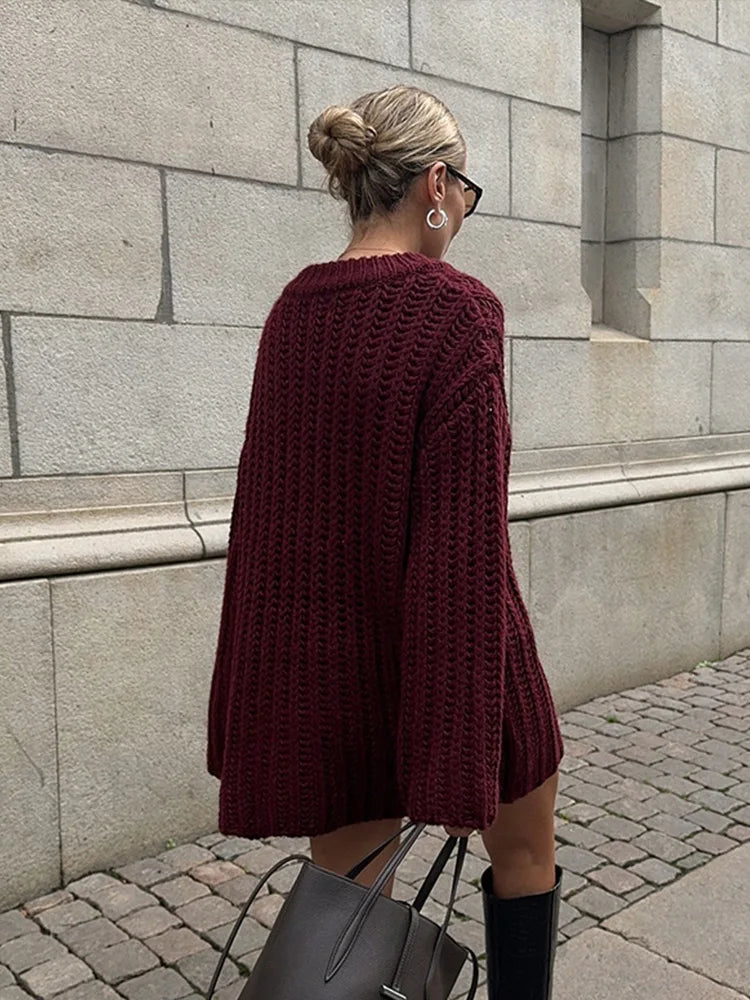 Knitted Mid Long Sweaters Loose O-neck Long Sleeve Dark Red Pullover Sweaters Female Autumn Street Tops