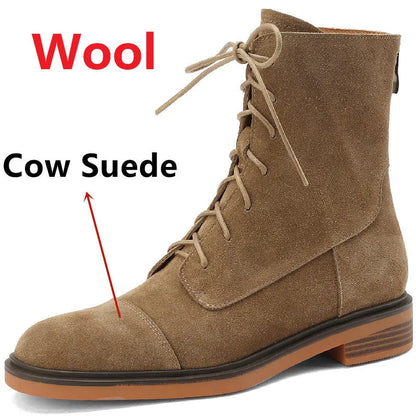 Autumn Winter Ankle Boots Office Genuine Leather Wool Low Heels Comfortable Shoes Woman