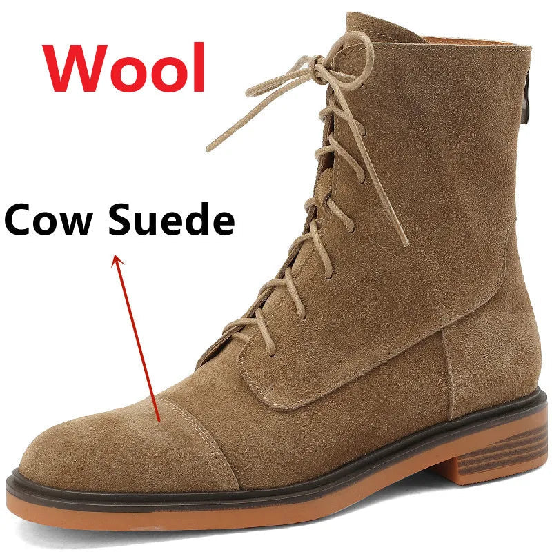 Autumn Winter Ankle Boots Office Genuine Leather Wool Low Heels Comfortable Shoes Woman