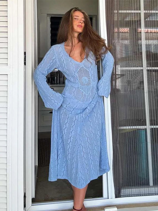 Knit Long Dress Slim Round Neck Hollow Vestidos Female Autumn Lady Holiday Beach Robe
