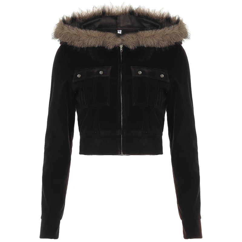 Autumn Velvet Short ��s Coat Zipper Faux Collar Hooded Simple All-match Jackets New