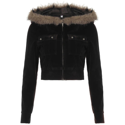 Autumn Velvet Short ��s Coat Zipper Faux Collar Hooded Simple All-match Jackets New