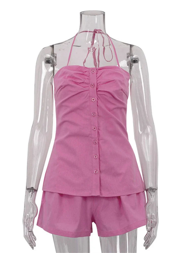 Ootddress 2 Piece-set Shorts ’s Bandeau Slim Lace-up Backless Tank Top and High Waist Shorts Outfits