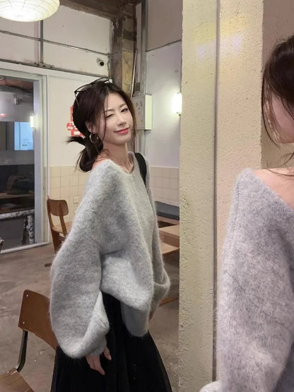 Lazy Halter Bow Round Neck Sweater Female Sueter Mujer Autumn Longsleeved Pullovers Loose Thin Gentle Gray Top