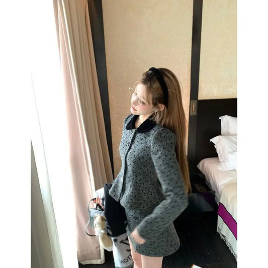 Sweet Hot Girl Suit Autumn Winter Polka Dot Short Coat High Waisted Aline Skirt Twopiece Set Female Clothes