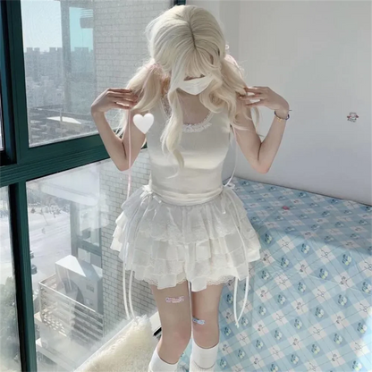 Kawaii Patchwork Lace Up Japanese Cutecore Mini Skirt Summer Lolita Skirt Harajuku White High Waist Aline Lace Skirt