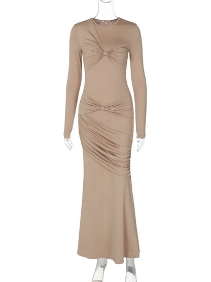 Slim Ruched Maxi Dress for Fall New Draped Bow Splice Club Party Dresses Vestido Female Long Sleeve