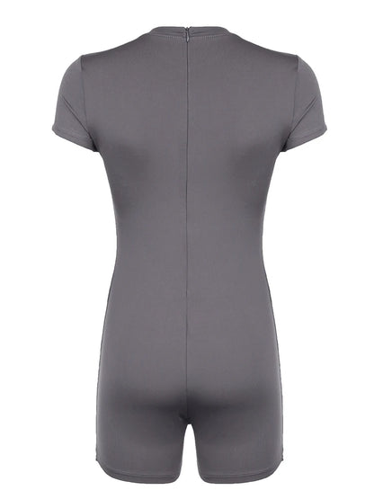 Back Zip Up O Neck Short Sleeve Skinny Gray Playsuits for Black Basic Sports Summer Rompers