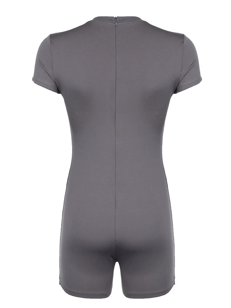 Back Zip Up O Neck Short Sleeve Skinny Gray Playsuits for Black Basic Sports Summer Rompers