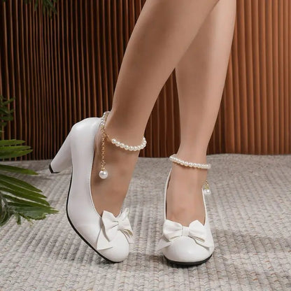 Bowknot Shallow Mouth Korean Shoes Pearl Decorateion Female Sneakers Round Toe Heels Crystal Butterfly 2