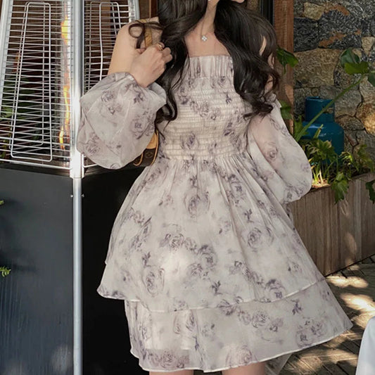 Brand Spring New Rose Gentle Long Dress Slim and Fragmented Flower Off Shoulder Bra Dress for