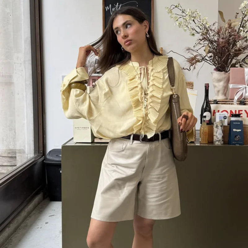 Chiffon Pleated Lace-up Blouse