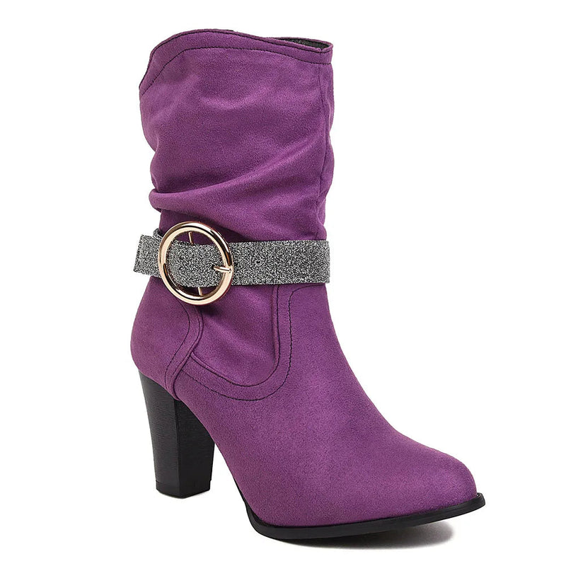 New Pointed Toe Square Root Female Midcalf Boots Shiny Buckle Autumn and Winter Party Shoes Woman