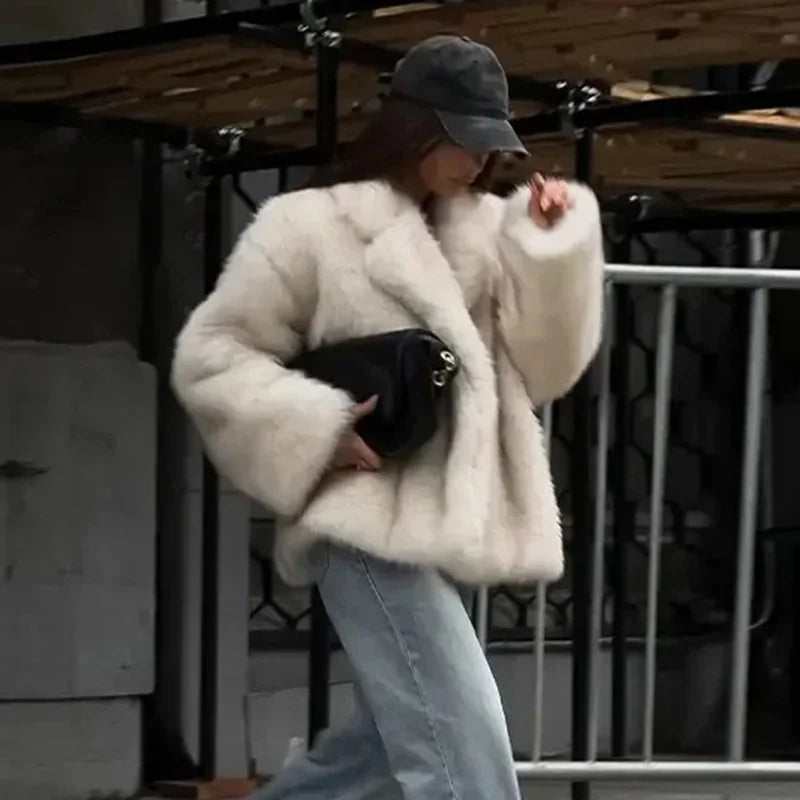 Furffy Thicken Jackets Faux Fur Loose Lapel Long Sleeves Warm Coats Female Winter Soft Outwears Lady
