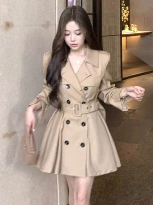Autumn New Korean Trench Coat Dresses for With Belt Turn-down Collar Double Breasted Female Clothing