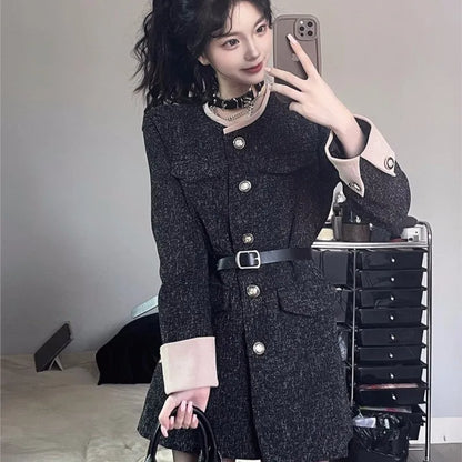 Autumn Winter Mini Dresses for With Belt Turn-down Collar Patchwork O-neck Korean Blazer Dress Vestidos